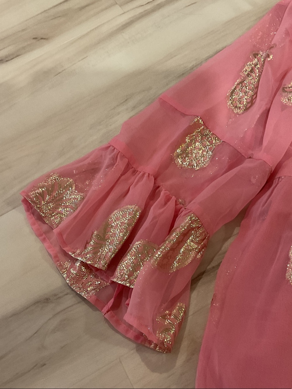 NWT, baby doll Simply Southern Pink Tiered Dress with Gold Foil Accents. - Picture 9 of 10